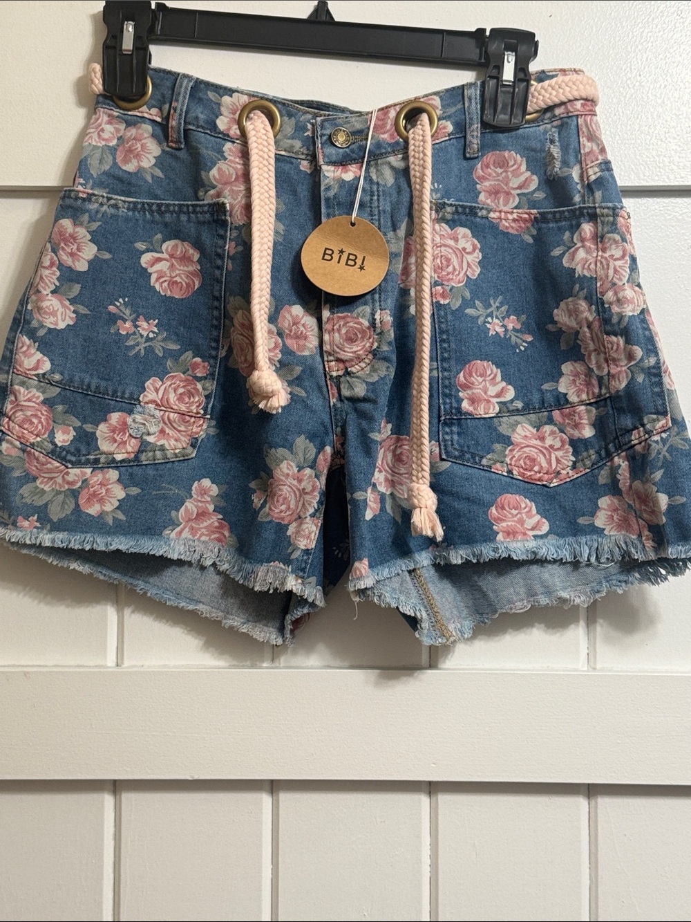 BiBi Blue Denim Floral Shorts with Pink Rope